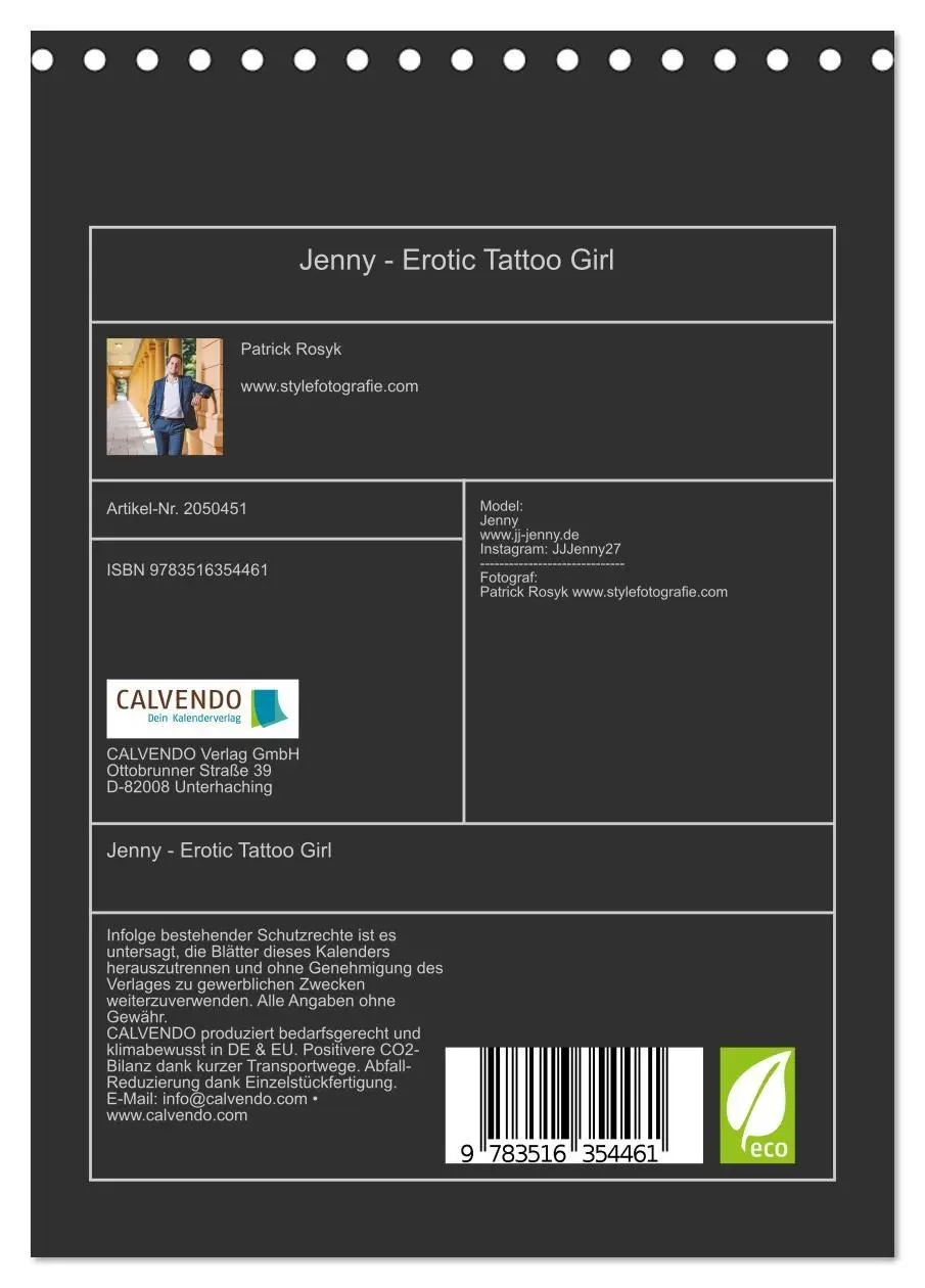 Bild: 9783516354461 | Jenny - Erotic Tattoo Girl (Tischkalender 2026 DIN A5 hoch),...