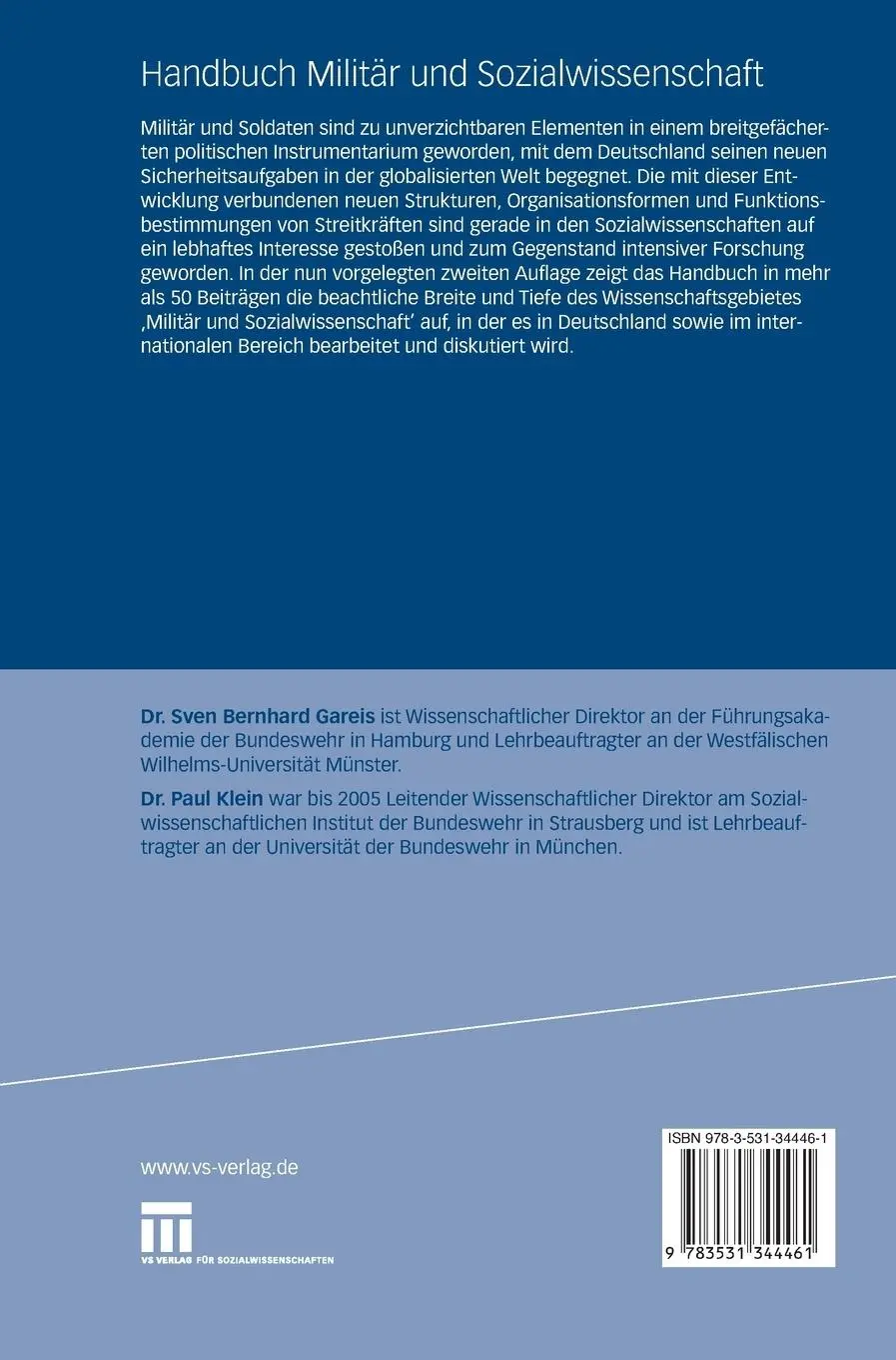 Rückseite: 9783531344461 | Handbuch Militär und Sozialwissenschaft | Paul Klein (u. a.) | Buch