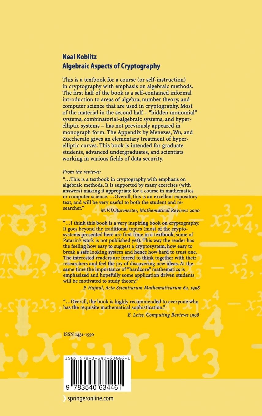 Rückseite: 9783540634461 | Algebraic Aspects of Cryptography | Neal Koblitz | Buch | ix | 1998