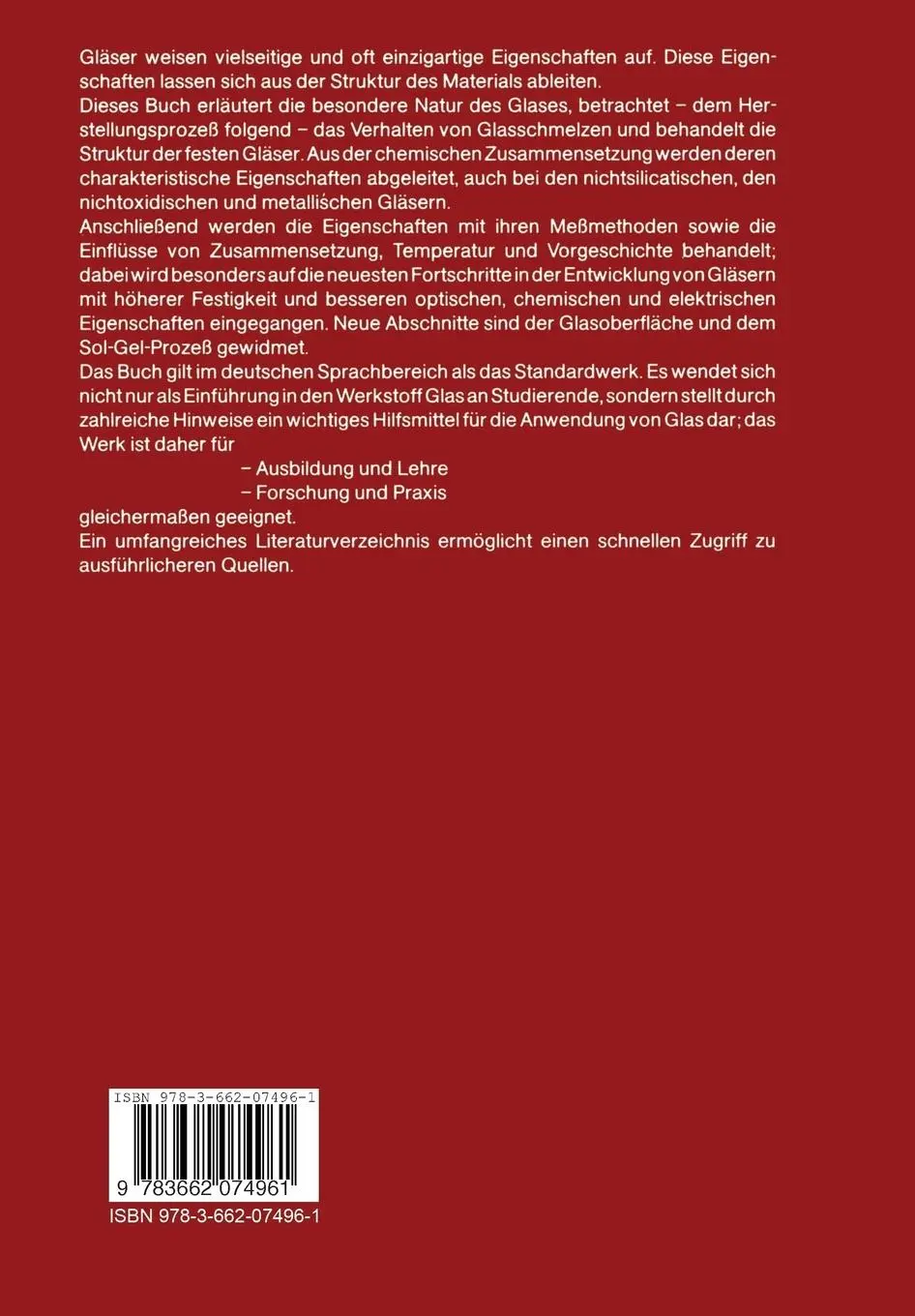 Rückseite: 9783662074961 | Glas | Natur, Struktur und Eigenschaften | Horst Scholze | Taschenbuch