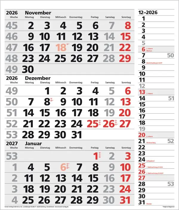 Bild: 9783731885061 | 3-Monats-Planer XL Combi 2026 | Verlag Korsch | Kalender | 12 S.