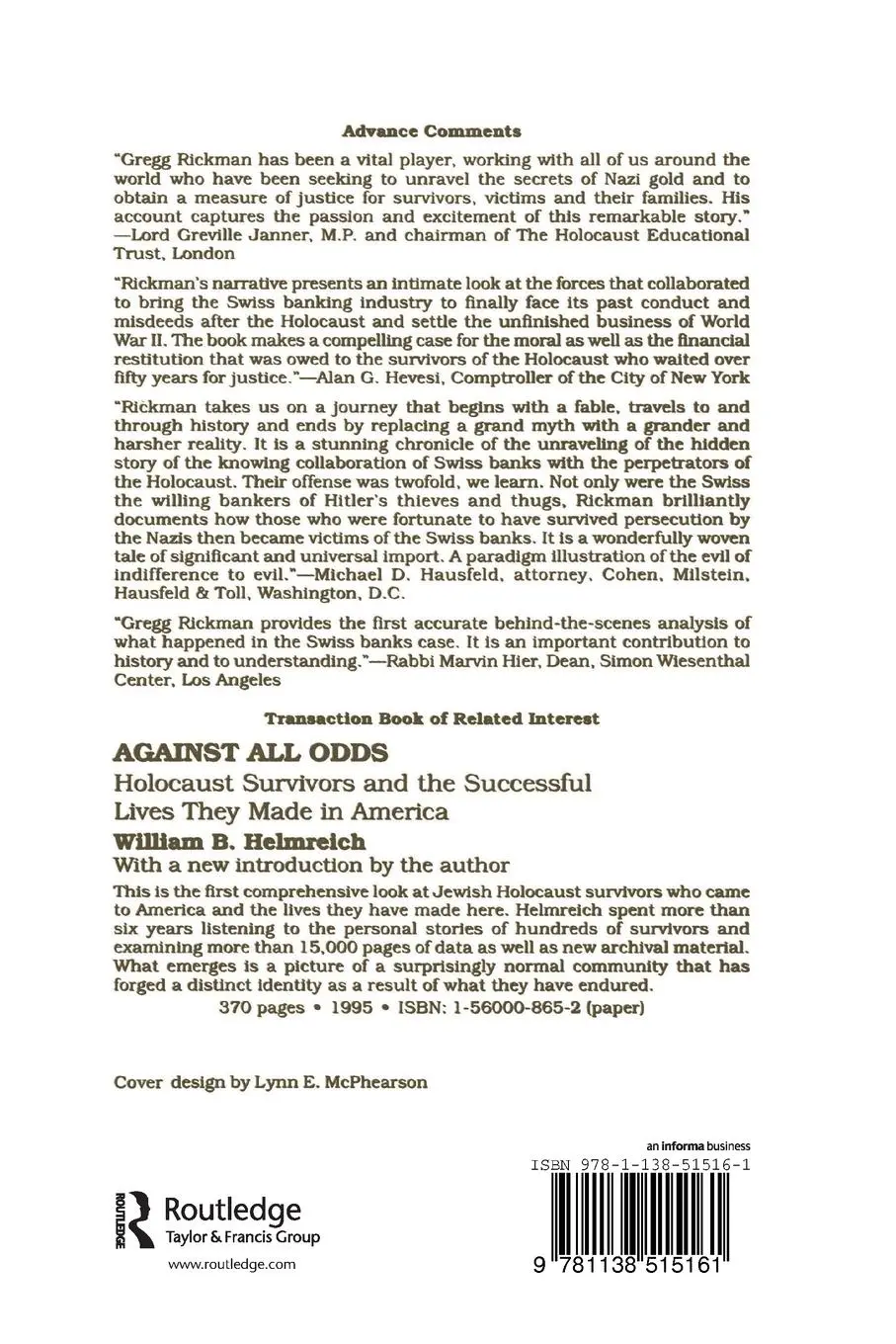Rückseite: 9781138515161 | Swiss Banks and Jewish Souls | Gregg Rickman | Taschenbuch | Englisch