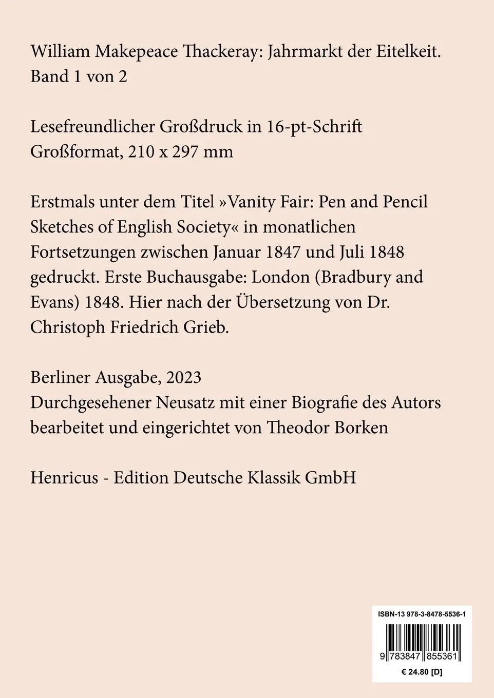 Rückseite: 9783847855361 | Jahrmarkt der Eitelkeit (Großdruck) | Band 1 von 2 | Thackeray | Buch
