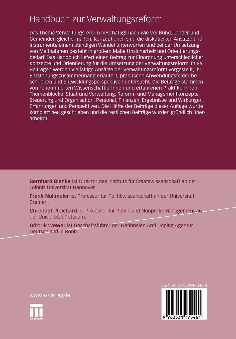 Rückseite: 9783531175461 | Handbuch zur Verwaltungsreform | Bernhard Blanke (u. a.) | Taschenbuch