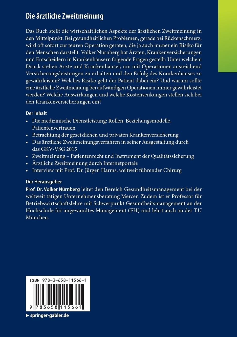 Rückseite: 9783658115661 | Die ärztliche Zweitmeinung | Volker Nürnberg | Taschenbuch | ix | 2016