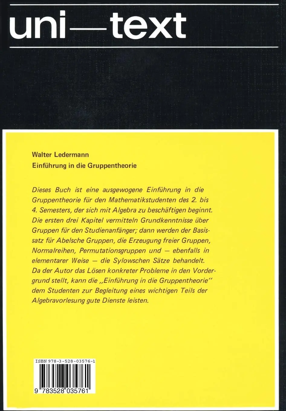Rückseite: 9783528035761 | Einführung in die Gruppentheorie | Walter Ledermann | Taschenbuch