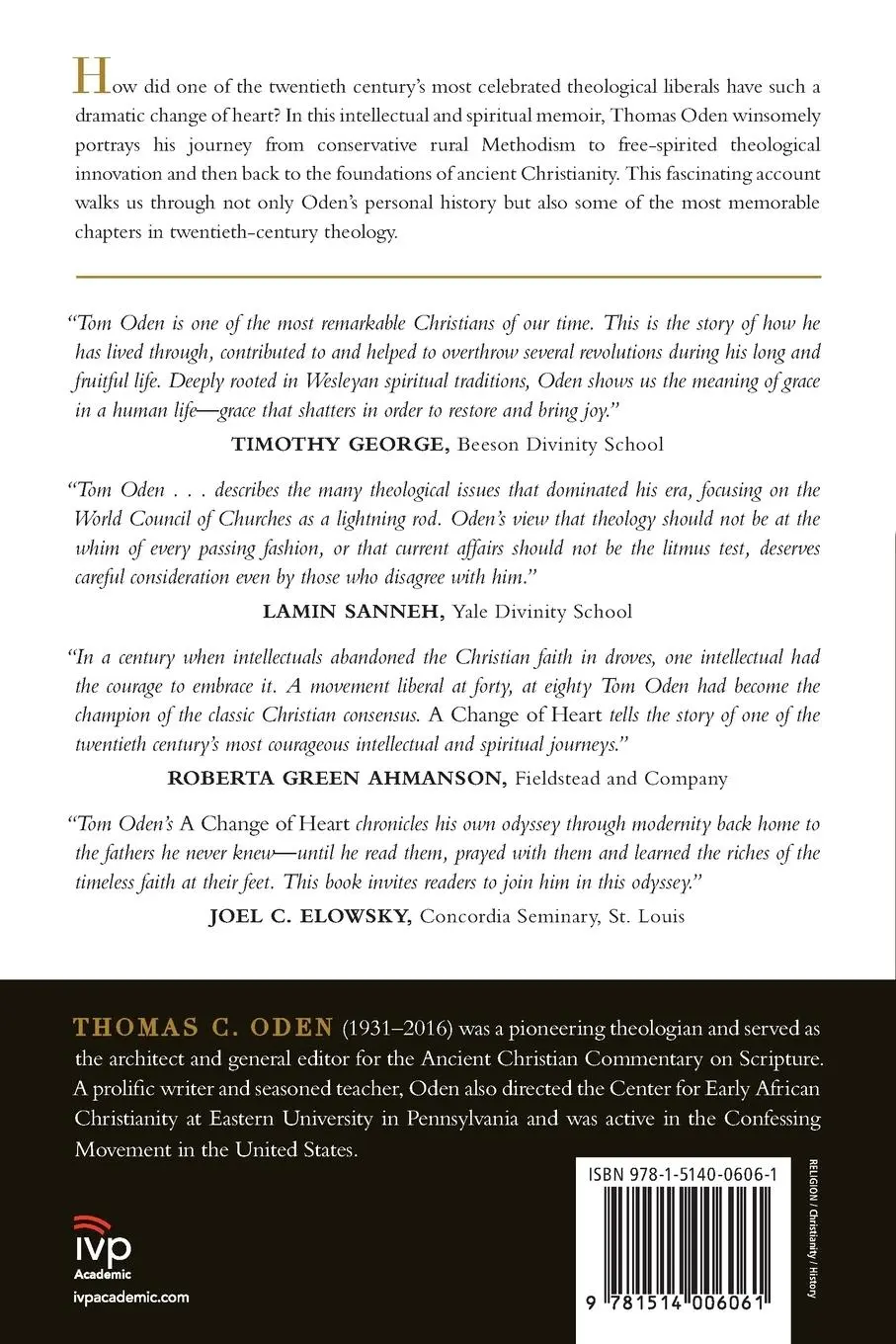 Rückseite: 9781514006061 | A Change of Heart | A Personal and Theological Memoir | Thomas C. Oden