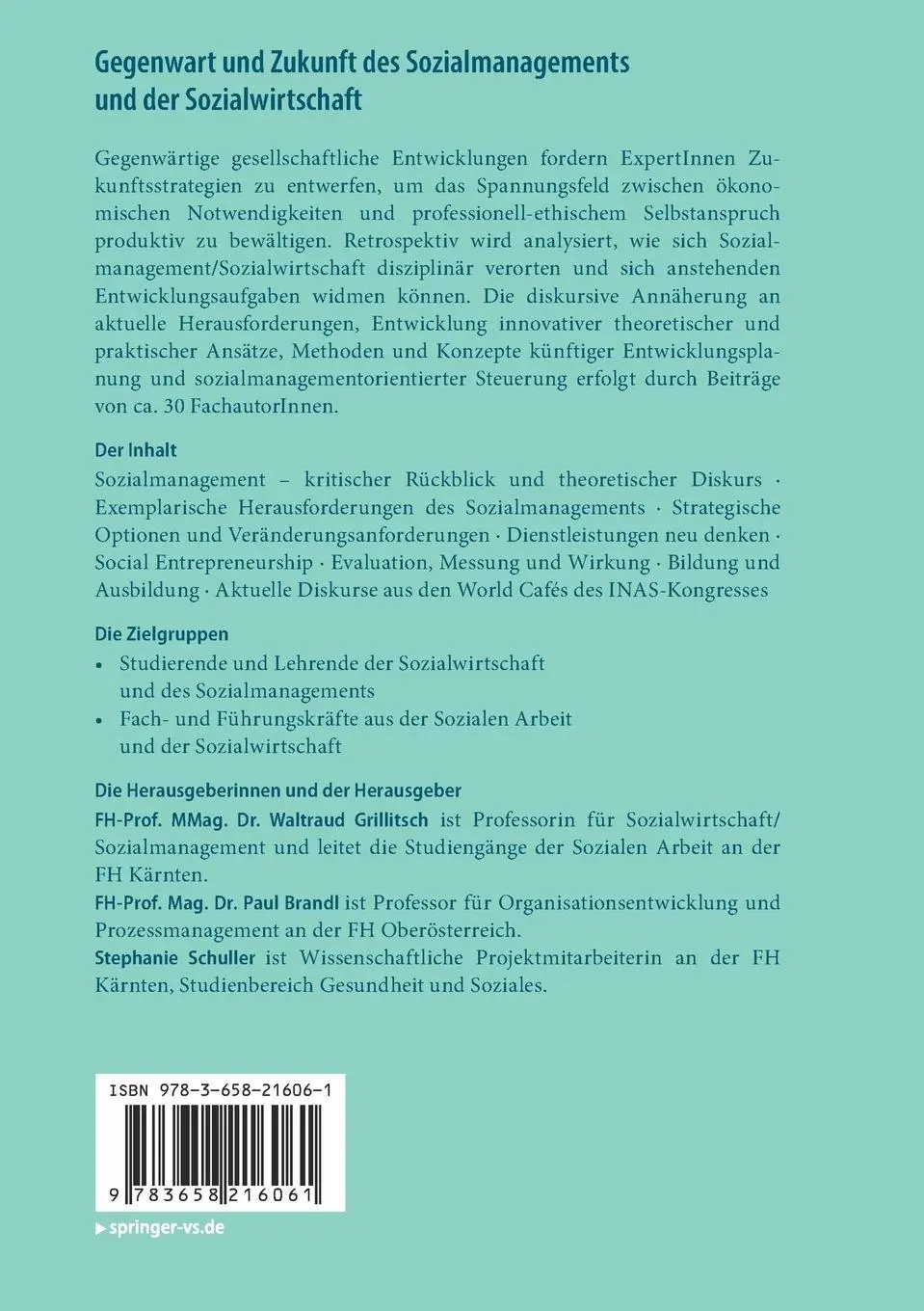 Rückseite: 9783658216061 | Gegenwart und Zukunft des Sozialmanagements und der Sozialwirtschaft
