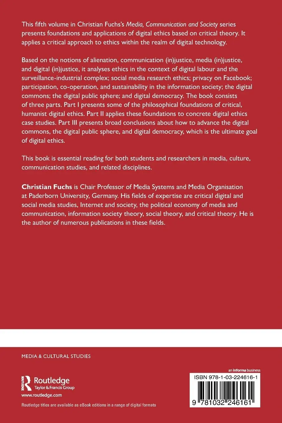 Rückseite: 9781032246161 | Digital Ethics | Media, Communication and Society Volume Five | Fuchs
