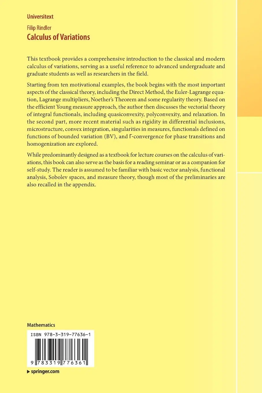 Rückseite: 9783319776361 | Calculus of Variations | Filip Rindler | Taschenbuch | xii | Englisch