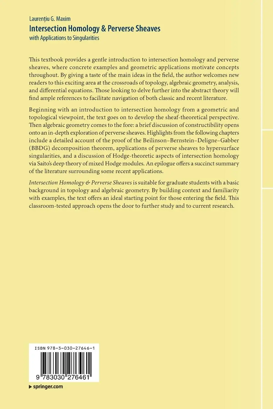 Rückseite: 9783030276461 | Intersection Homology & Perverse Sheaves | Lauren¿iu G. Maxim | Buch Rückseite: 9783030276461 | Intersection Homology & Perverse Sheaves | Lauren¿iu G. Maxim | Buch