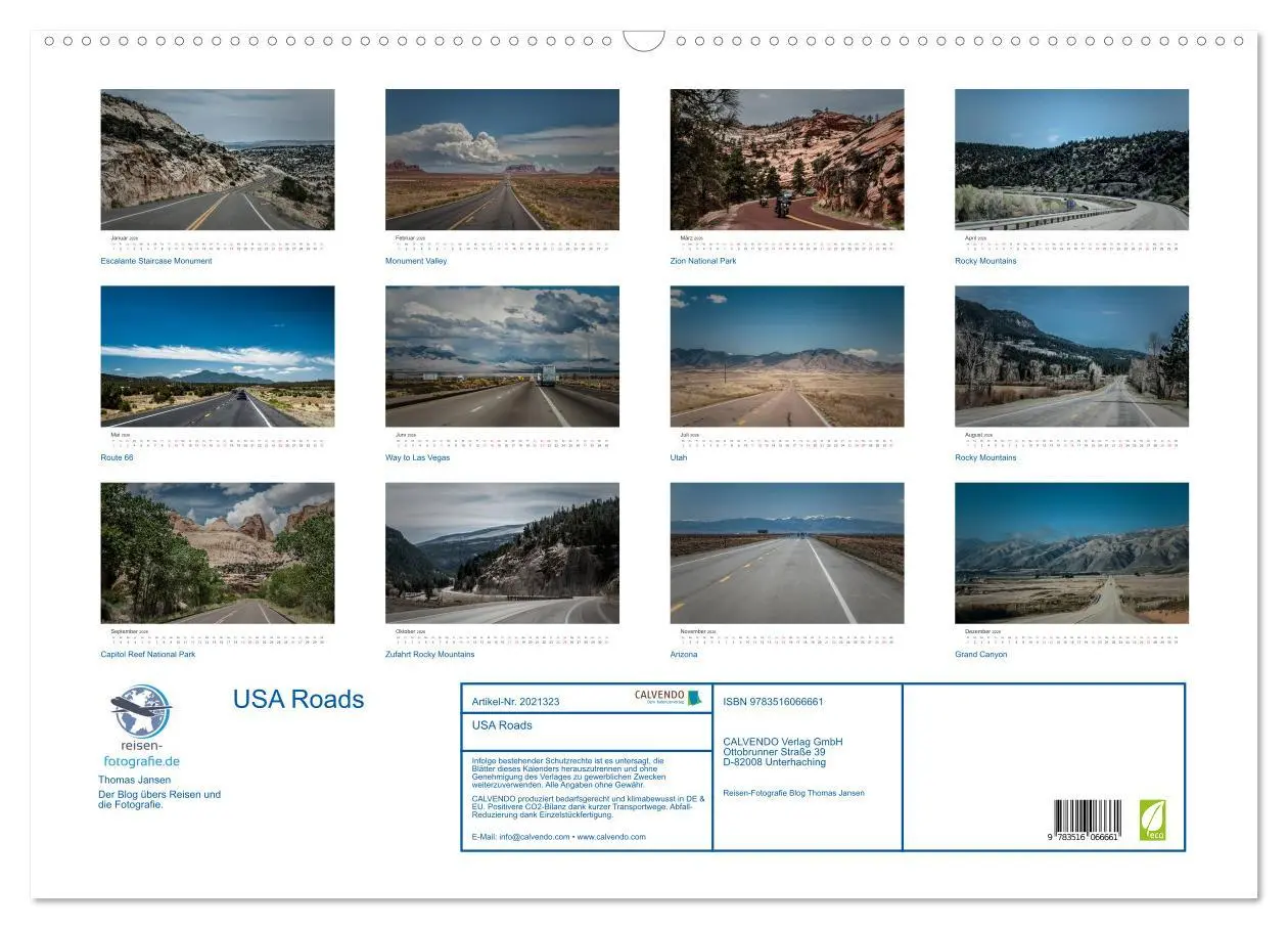 Bild: 9783516066661 | USA Roads (Wandkalender 2026 DIN A2 quer), CALVENDO Monatskalender