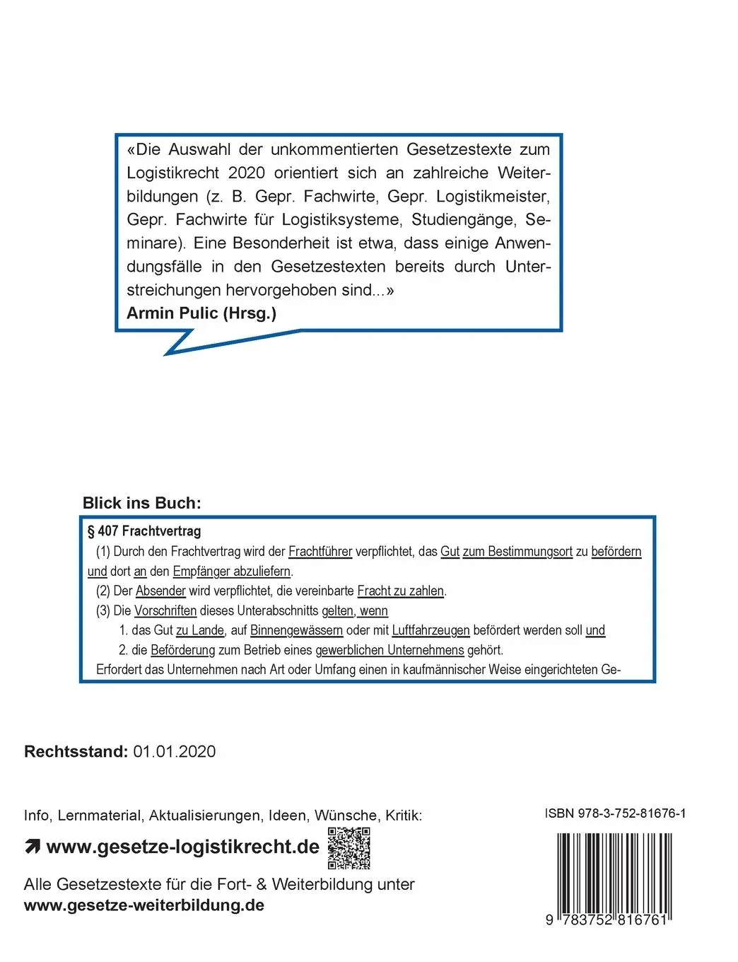 Rückseite: 9783752816761 | Logistikrecht 2020 | Gesetzestexte für die Weiterbildung | Armin Pulic