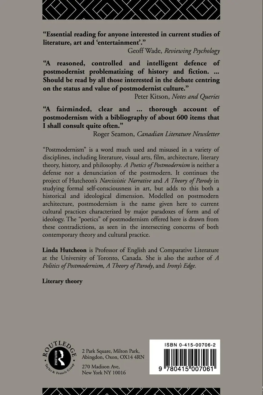 Rückseite: 9780415007061 | A Poetics of Postmodernism | History, Theory, Fiction | Linda Hutcheon