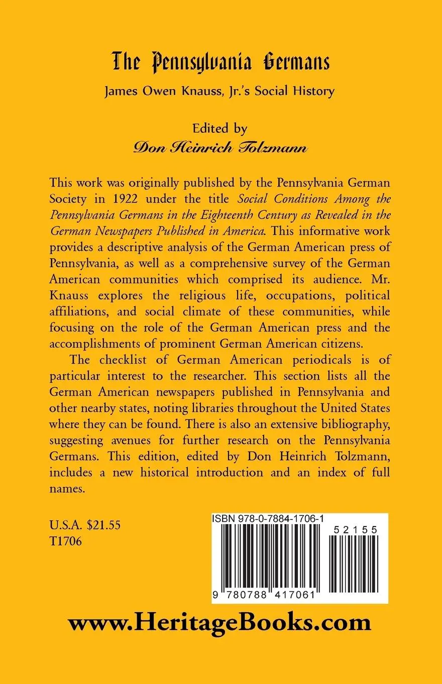 Rückseite: 9780788417061 | The Pennsylvania Germans | James Owen Knauss, Jr.'s Social History