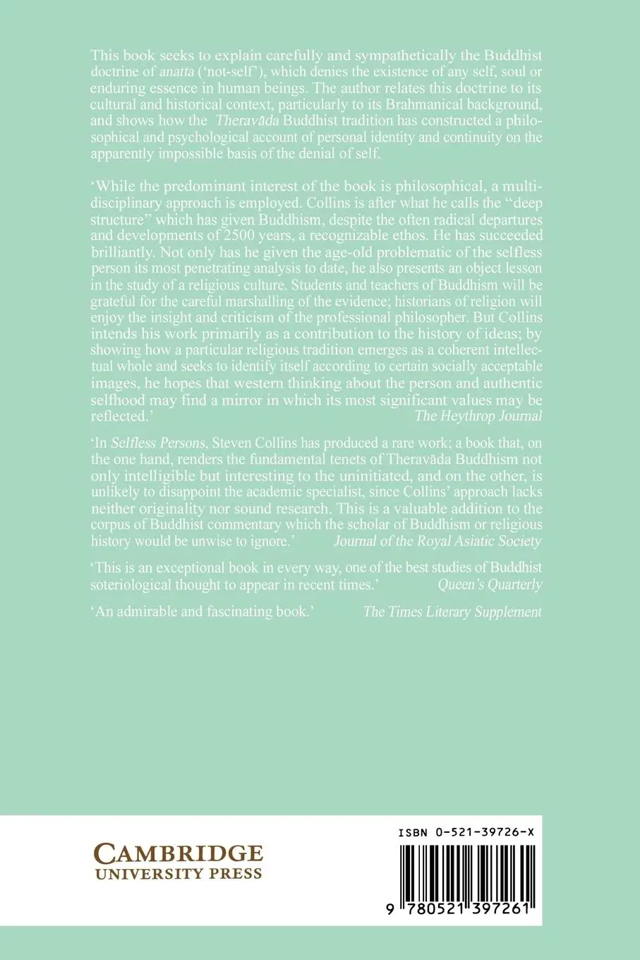 Rückseite: 9780521397261 | Selfless Persons | Imagery and Thought in Theravada Buddhism | Collins