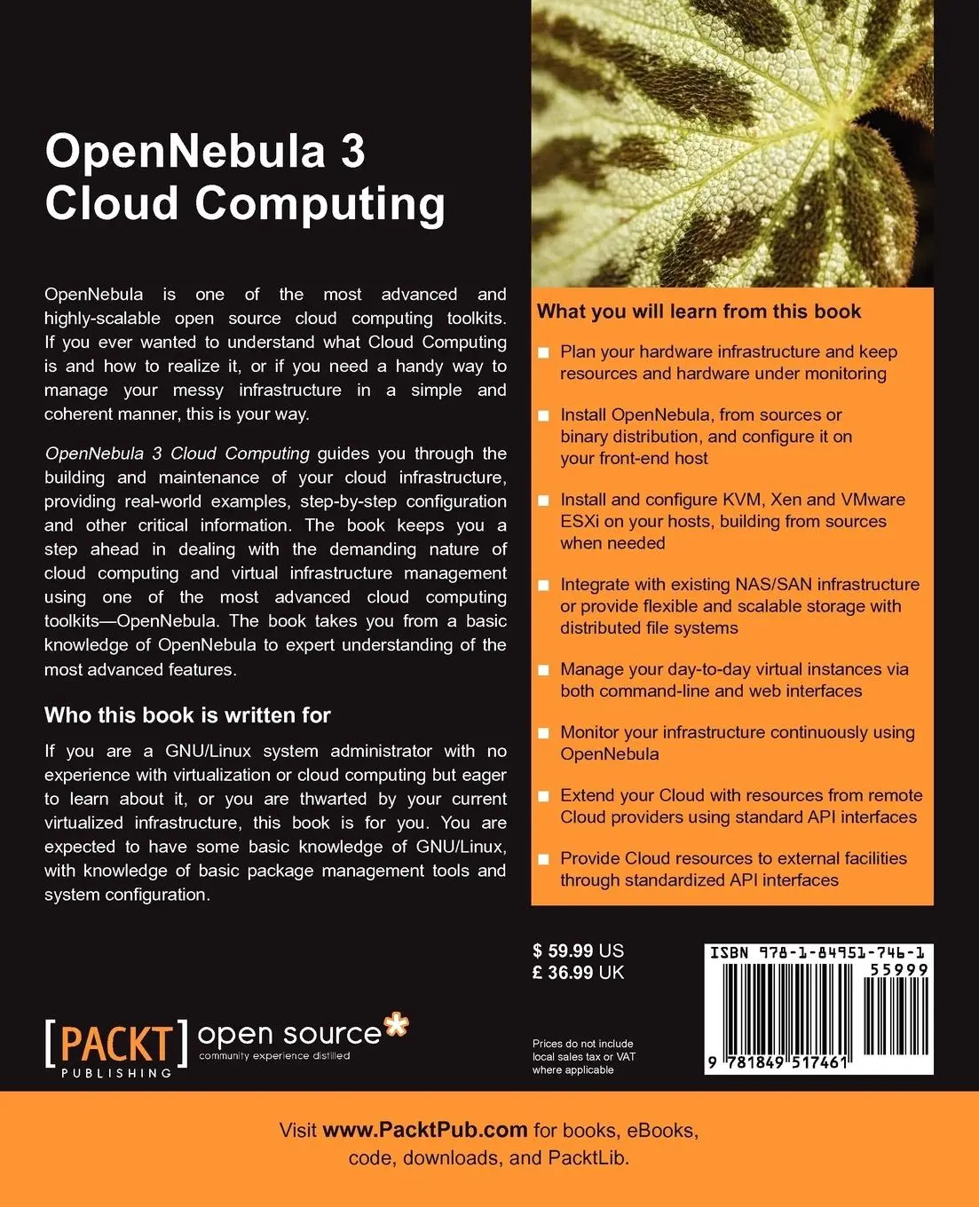 Rückseite: 9781849517461 | Opennebula 3 Cloud Computing | Giovanni Toraldo | Taschenbuch | 2012