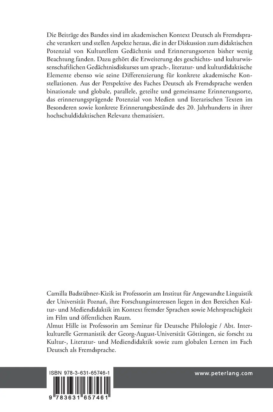 Rückseite: 9783631657461 | Kulturelles Gedächtnis und Erinnerungsorte im hochschuldidaktischen...