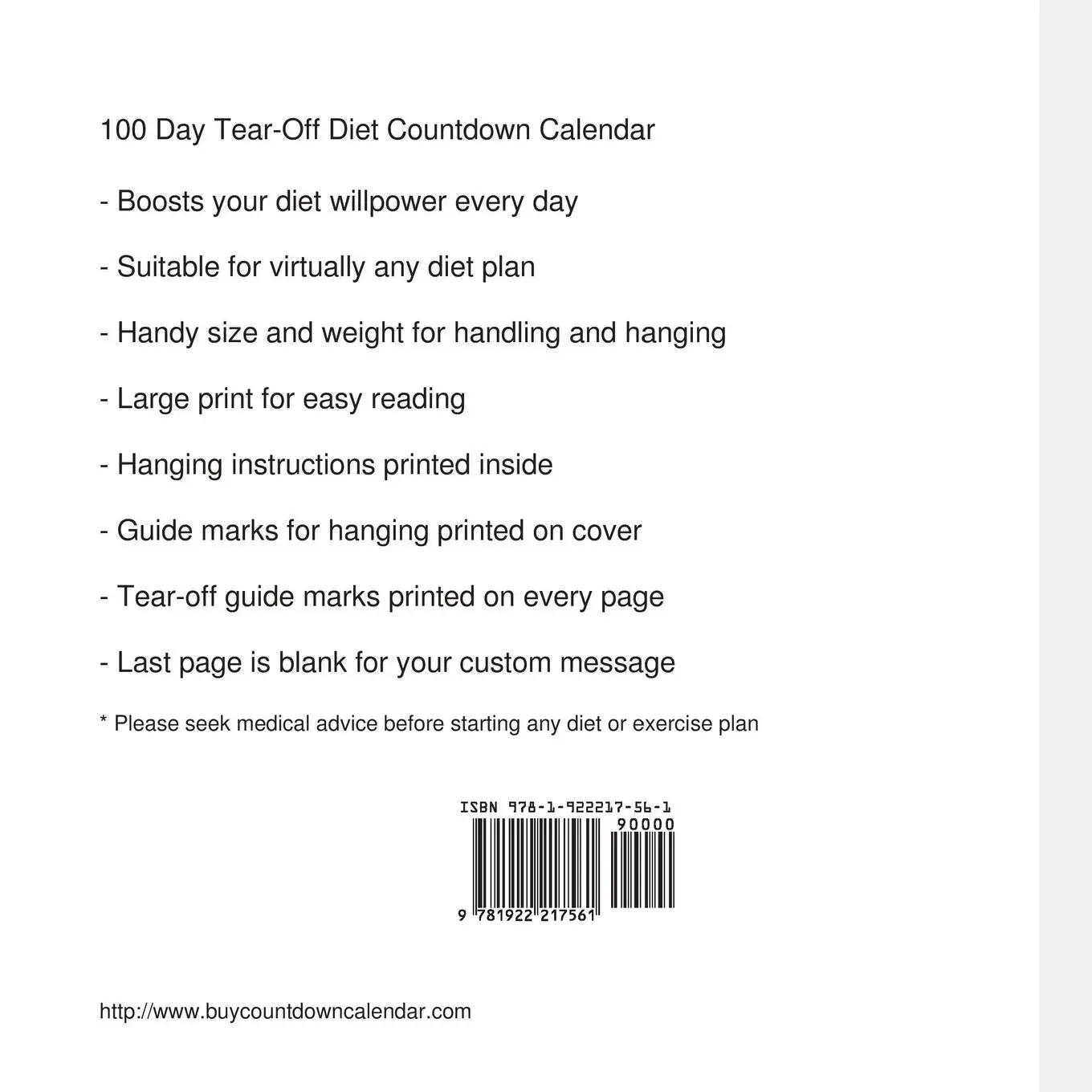 Rückseite: 9781922217561 | 100 Day Tear-Off Diet Countdown Calendar | Buy Countdown Calendar