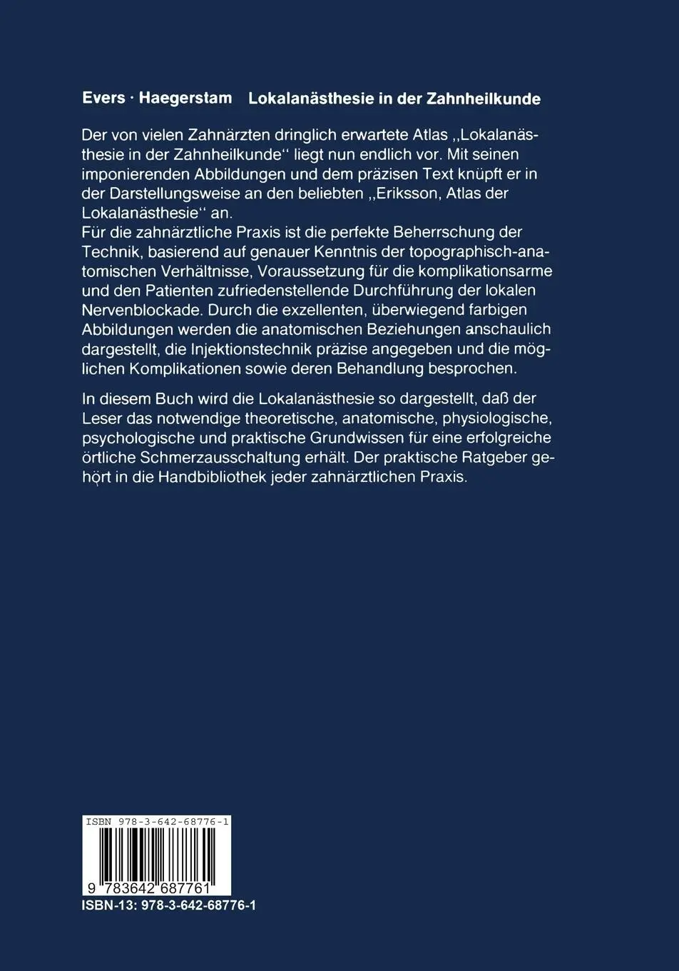 Rückseite: 9783642687761 | Lokalanästhesie in der Zahnheilkunde | Ein Manual | H. Evers (u. a.)