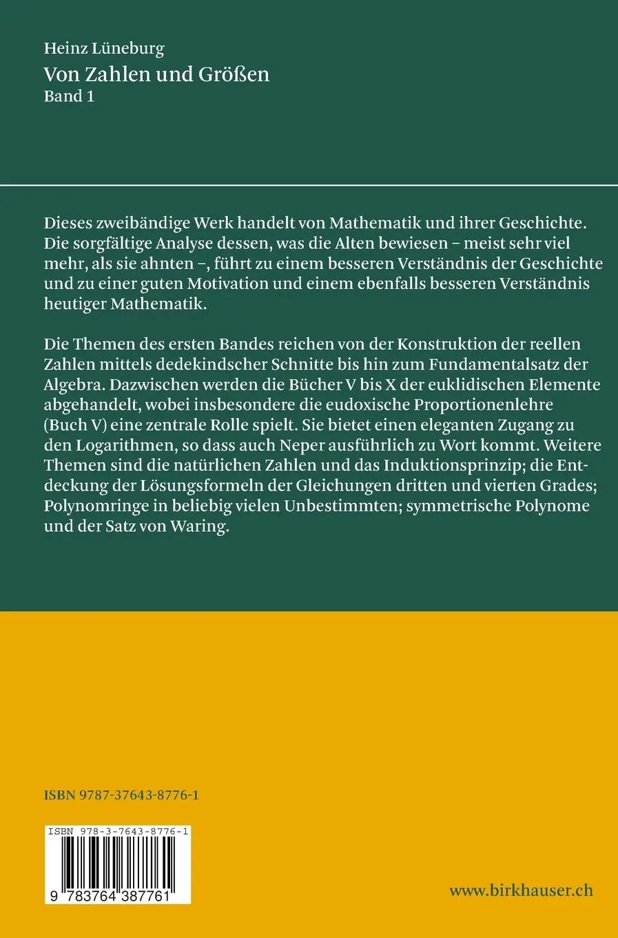 Rückseite: 9783764387761 | Von Zahlen und Größen | Heinz Lüneburg | Buch | XXII | Deutsch | 2008
