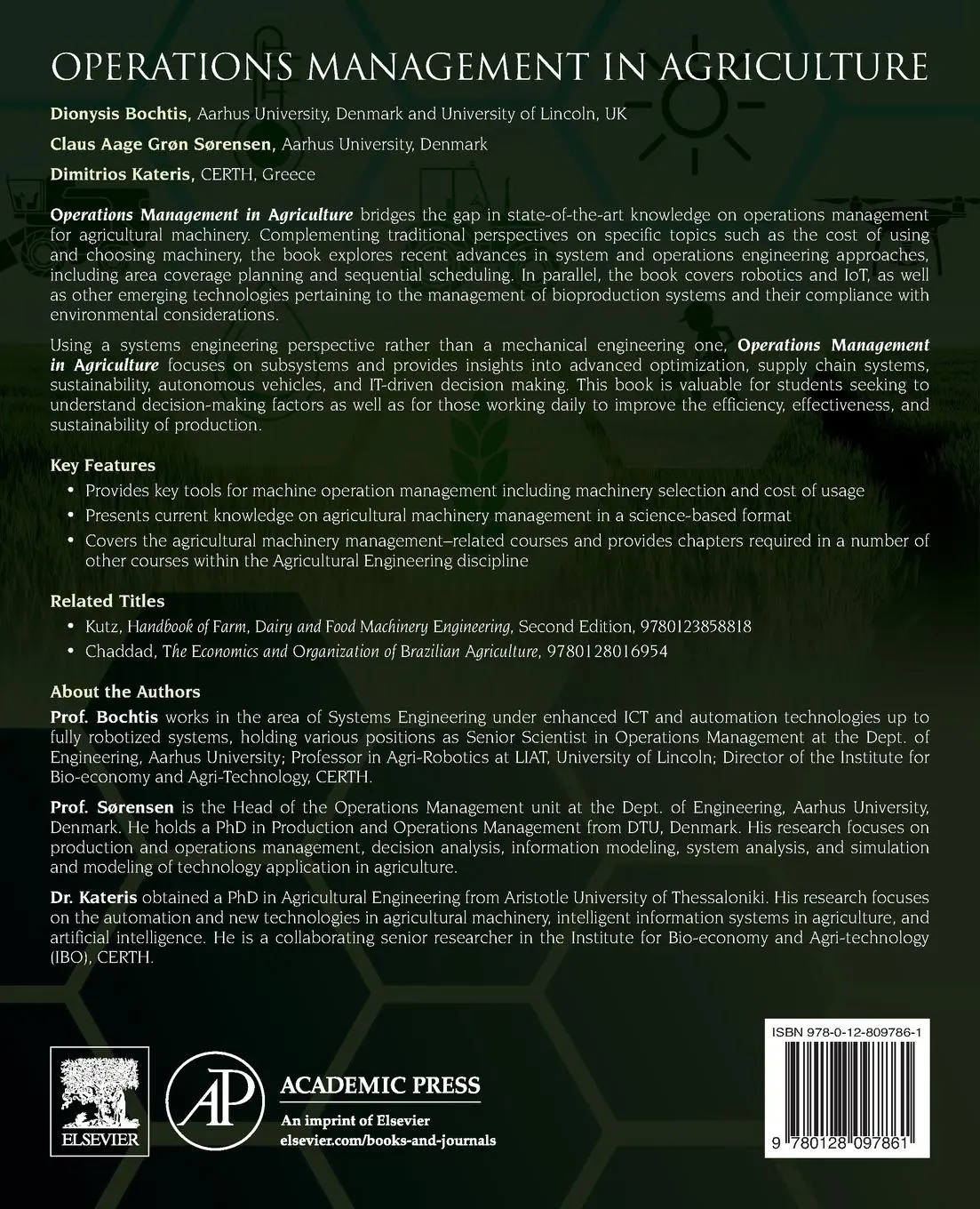 Rückseite: 9780128097861 | Operations Management in Agriculture | Dionysis Bochtis (u. a.) | Buch