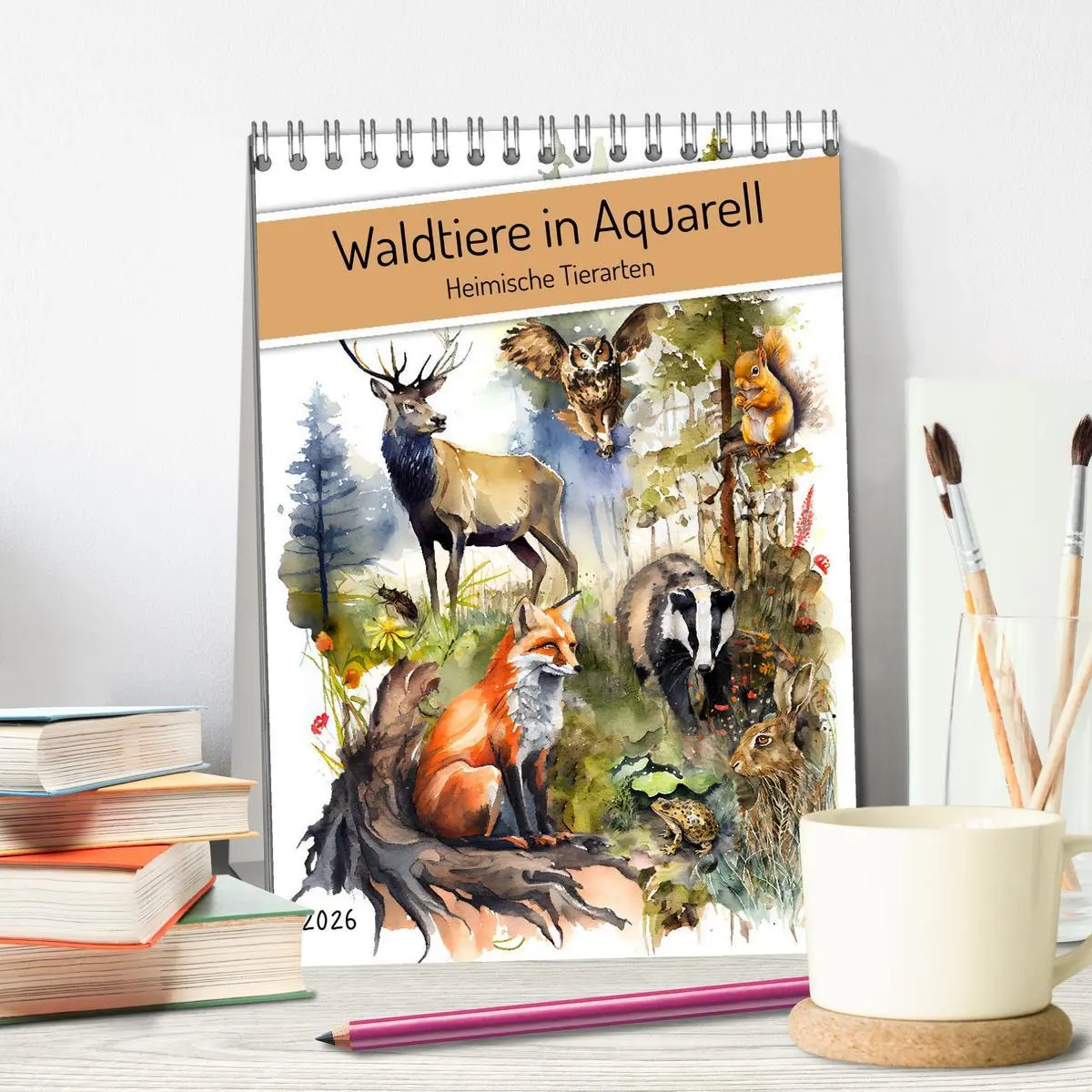 Bild: 9783516327861 | Waldtiere in Aquarell - Heimische Tierarten (Tischkalender 2026 DIN...