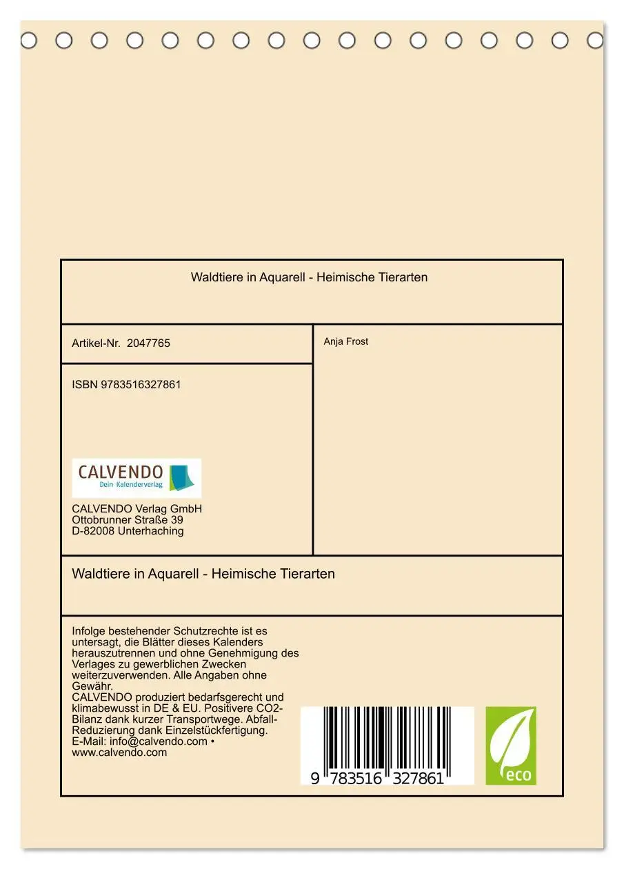 Bild: 9783516327861 | Waldtiere in Aquarell - Heimische Tierarten (Tischkalender 2026 DIN...