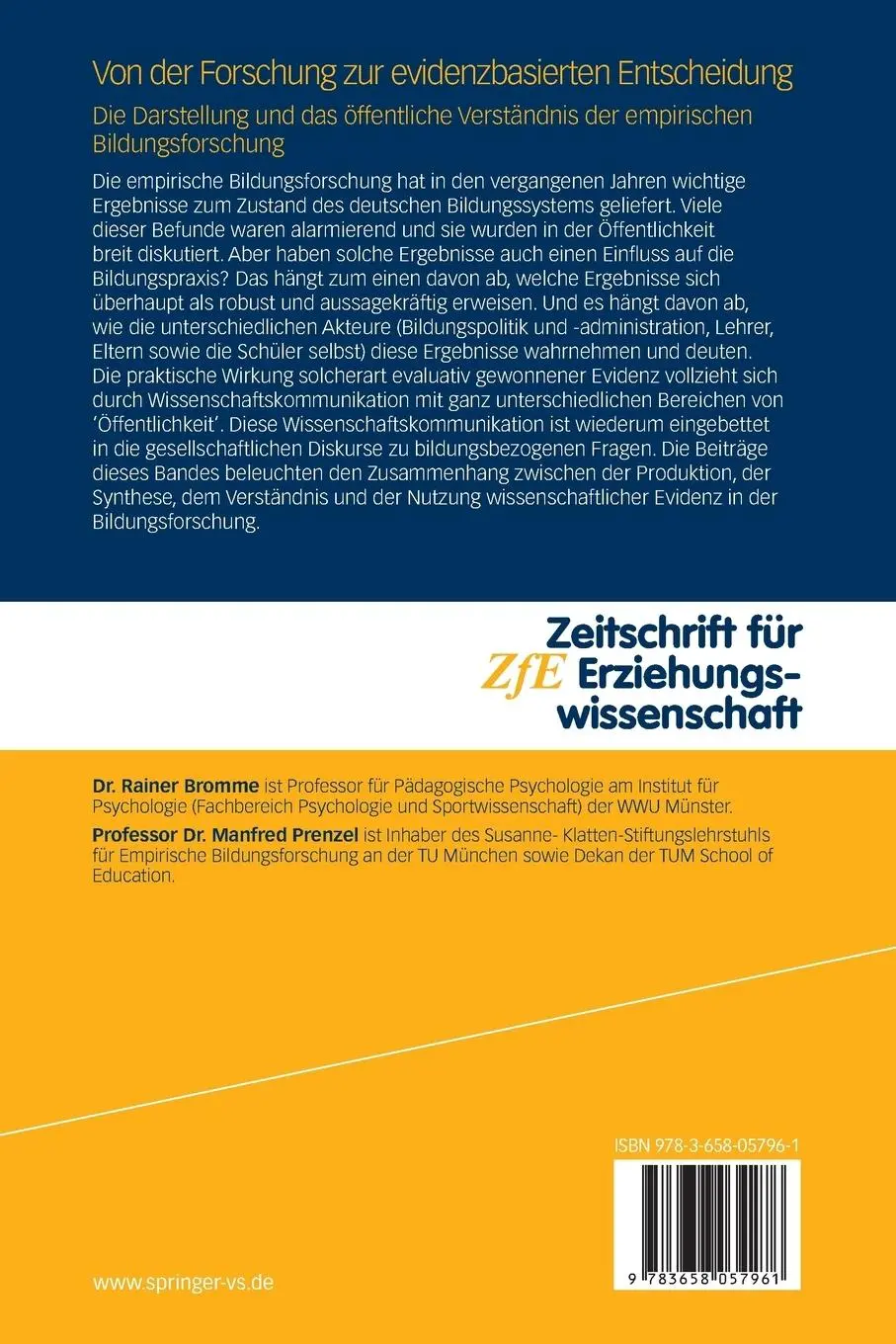 Rückseite: 9783658057961 | Von der Forschung zur evidenzbasierten Entscheidung | Prenzel (u. a.)