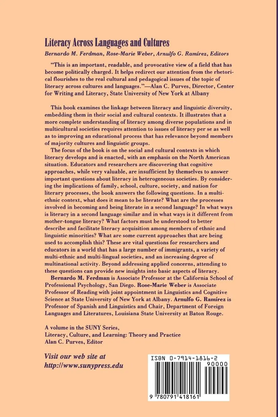 Rückseite: 9780791418161 | Literacy Across Languages and Cultures | Bernardo M. Ferdman (u. a.)