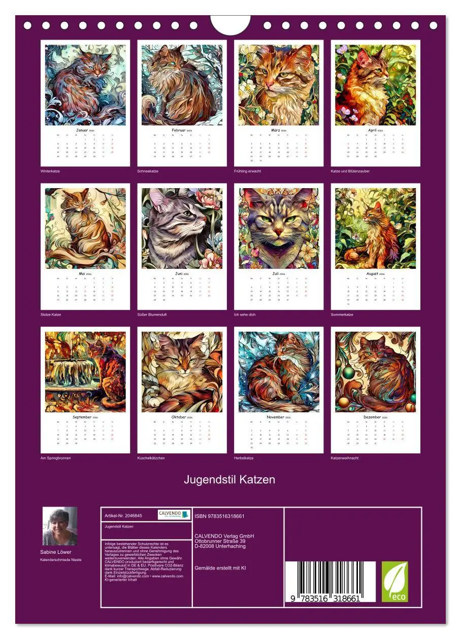 Bild: 9783516318661 | Jugendstil Katzen (Wandkalender 2026 DIN A4 hoch), CALVENDO...