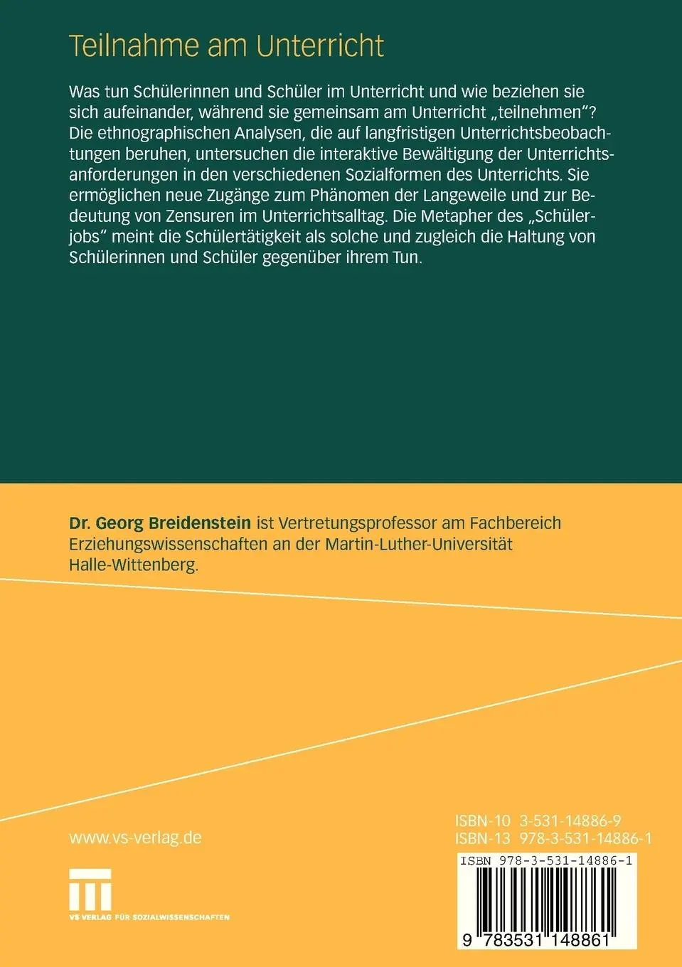 Rückseite: 9783531148861 | Teilnahme am Unterricht | Ethnographische Studien zum Schülerjob