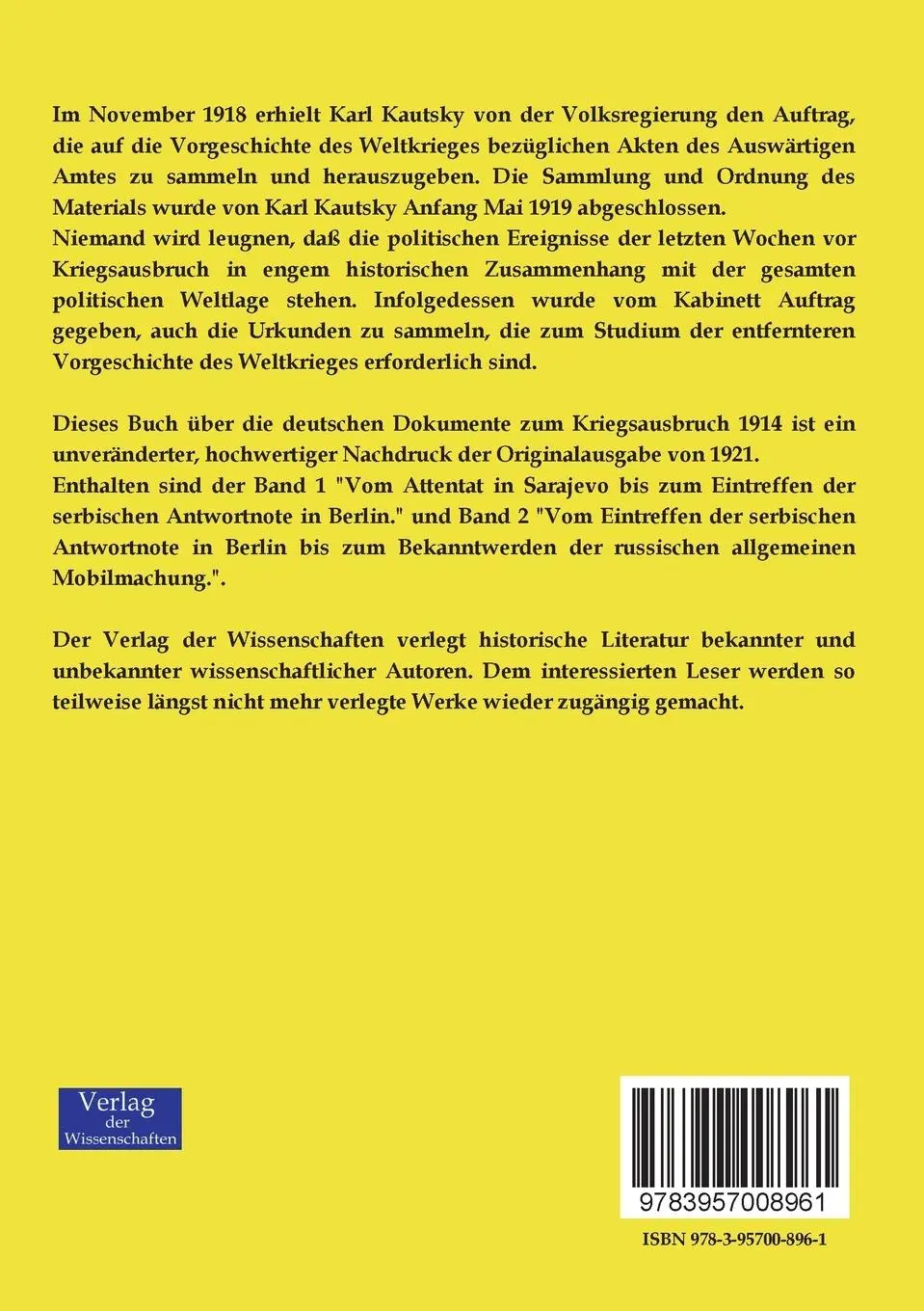 Rückseite: 9783957008961 | Die deutschen Dokumente zum Kriegsausbruch 1914 | Karl Kautsky (u. a.)