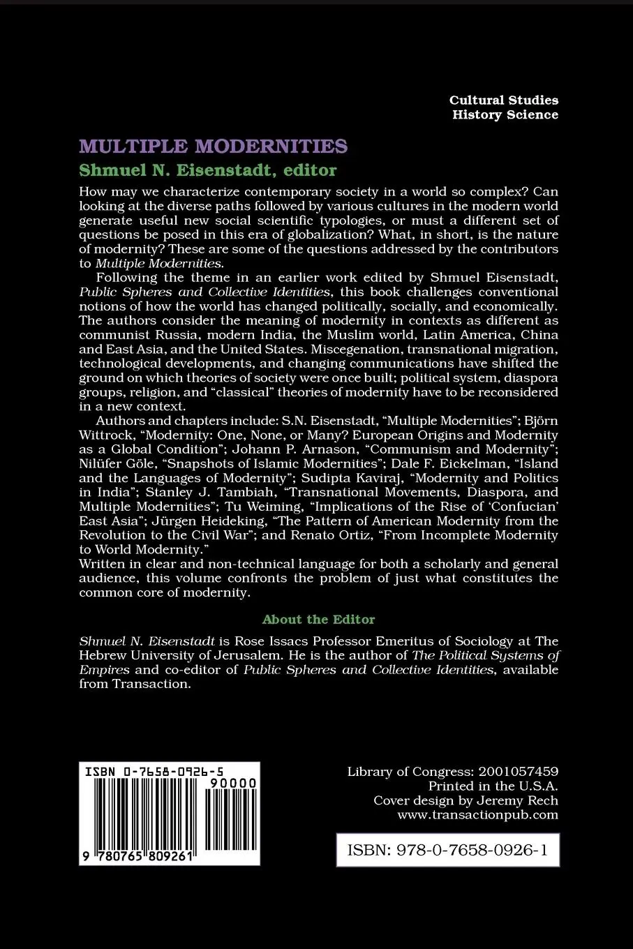 Rückseite: 9780765809261 | Multiple Modernities | Shmuel N. Eisenstadt | Taschenbuch | Englisch