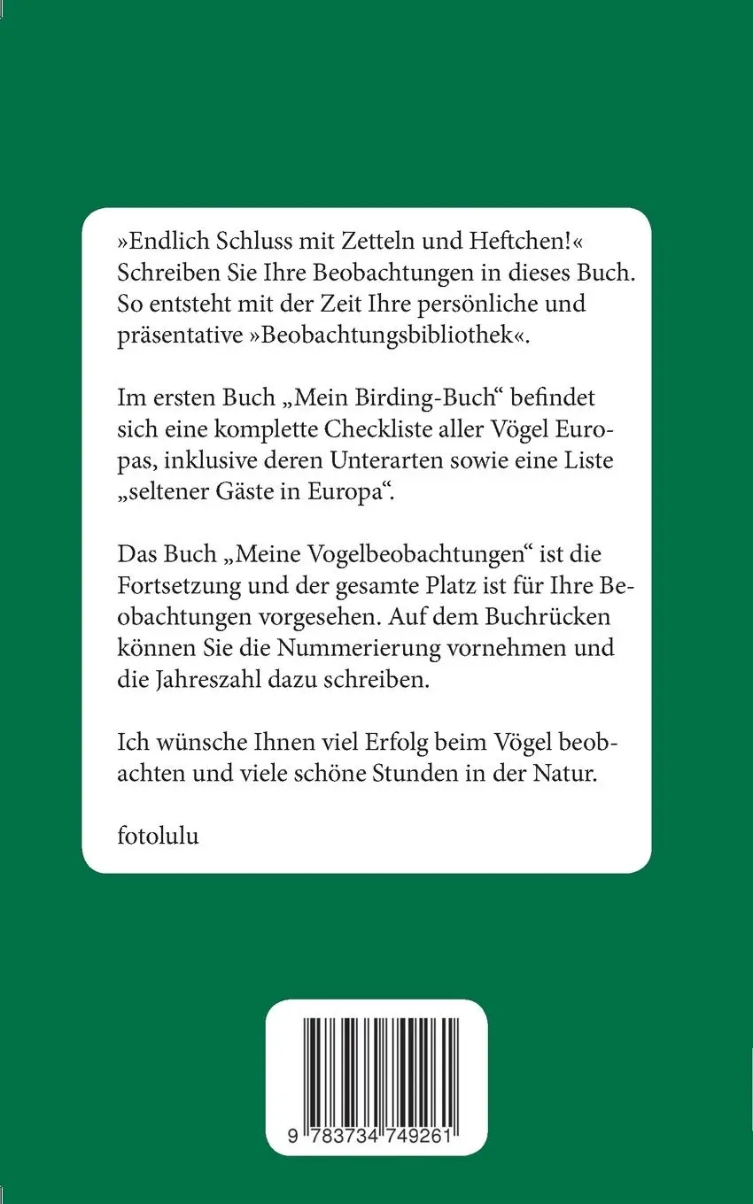 Rückseite: 9783734749261 | Meine Vogelbeobachtungen | Fotolulu | Taschenbuch | 400 S. | Deutsch