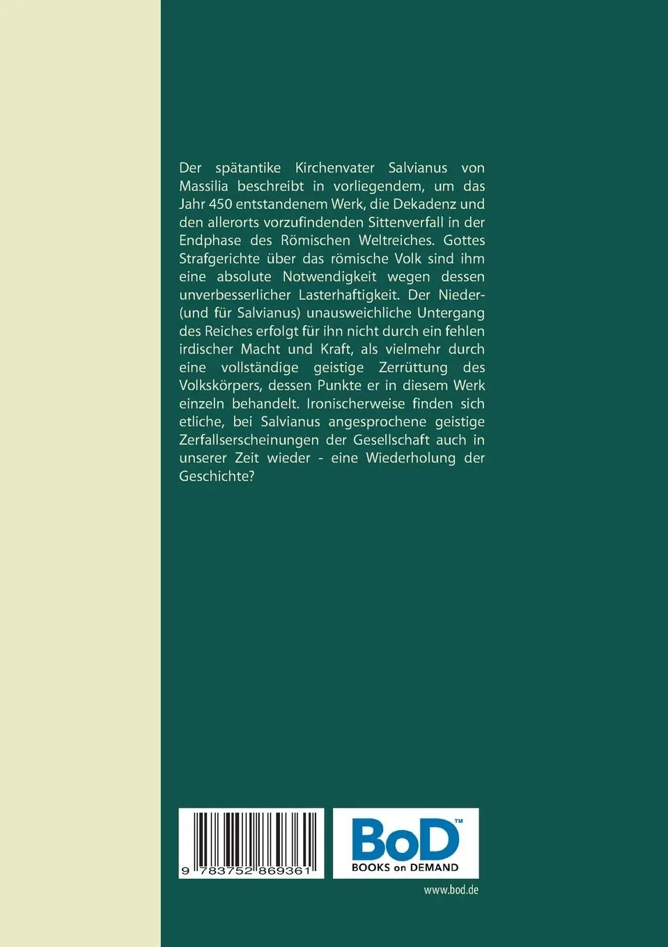 Rückseite: 9783752869361 | Acht Bücher über die Weltregierung Gottes | Salvianus von Massilia