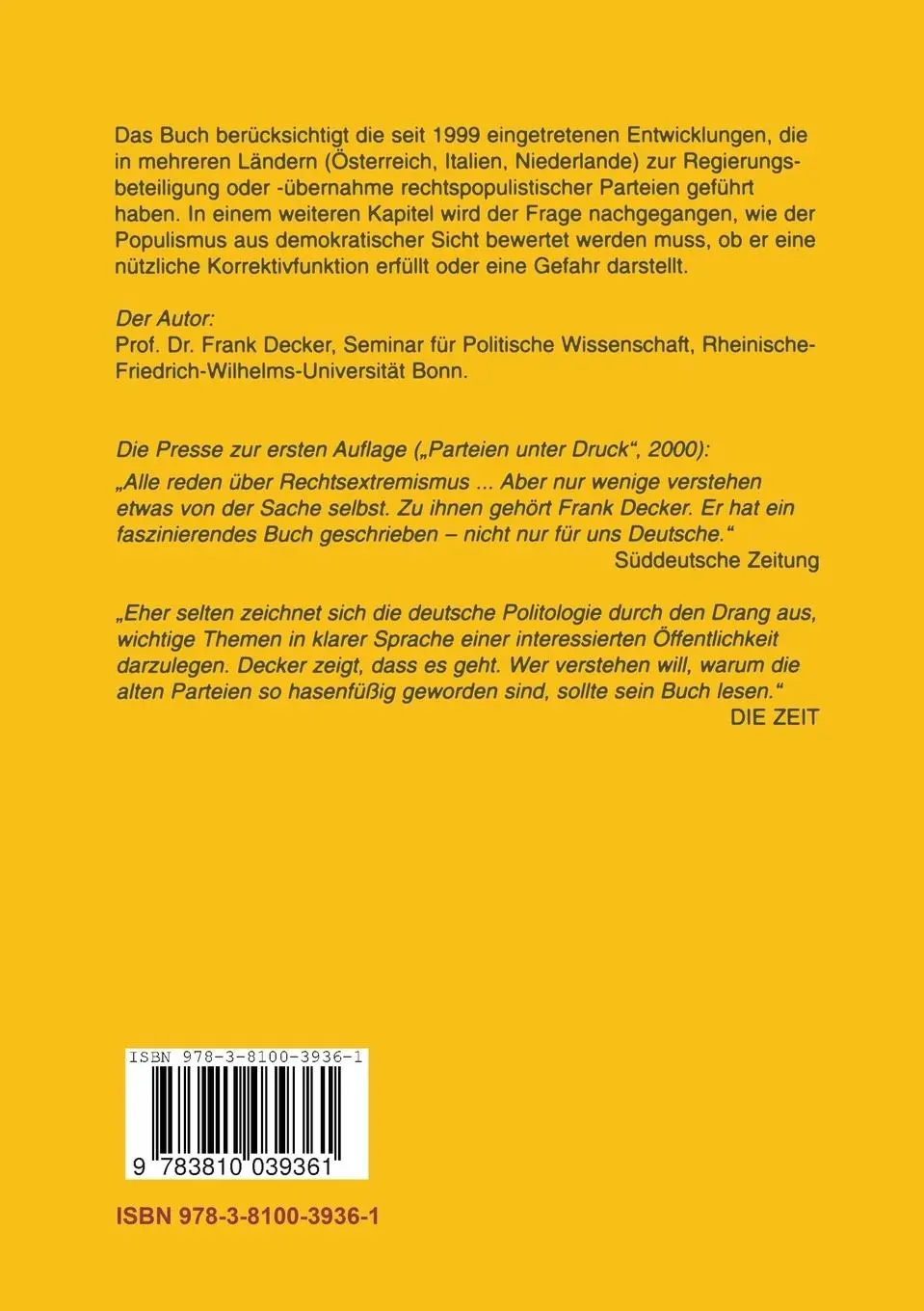 Rückseite: 9783810039361 | Der neue Rechtspopulismus | Frank Decker | Taschenbuch | Paperback