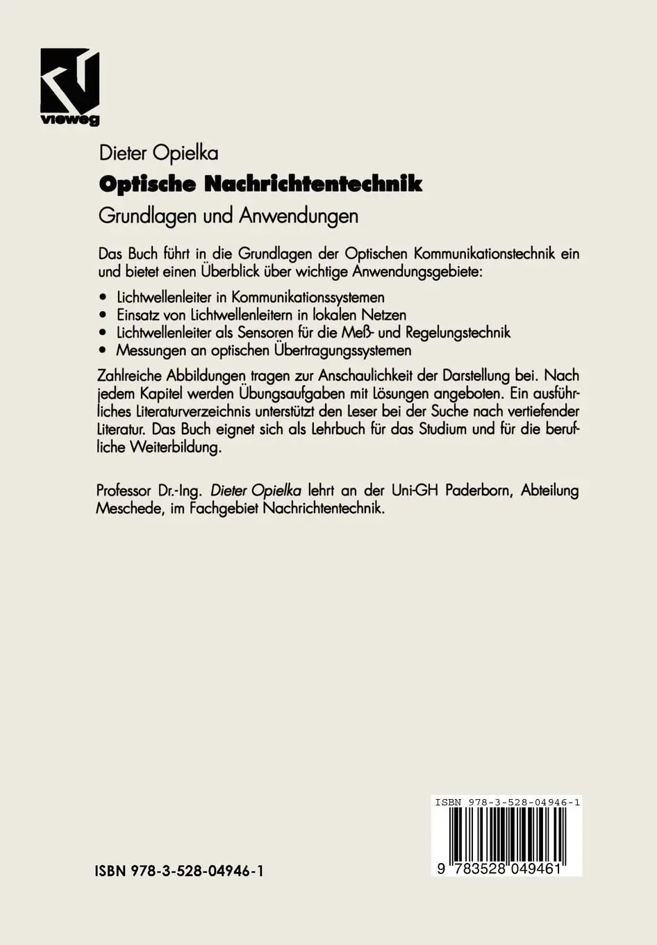 Rückseite: 9783528049461 | Optische Nachrichtentechnik | Grundlagen und Anwendungen | Opielka | x