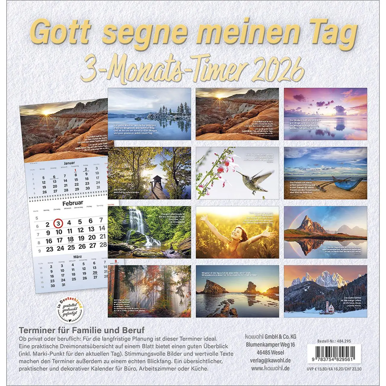 Bild: 9783754829561 | Gott segne meinen Tag 2026 | 3-Monats-Terminer | Kalender | 14 S.