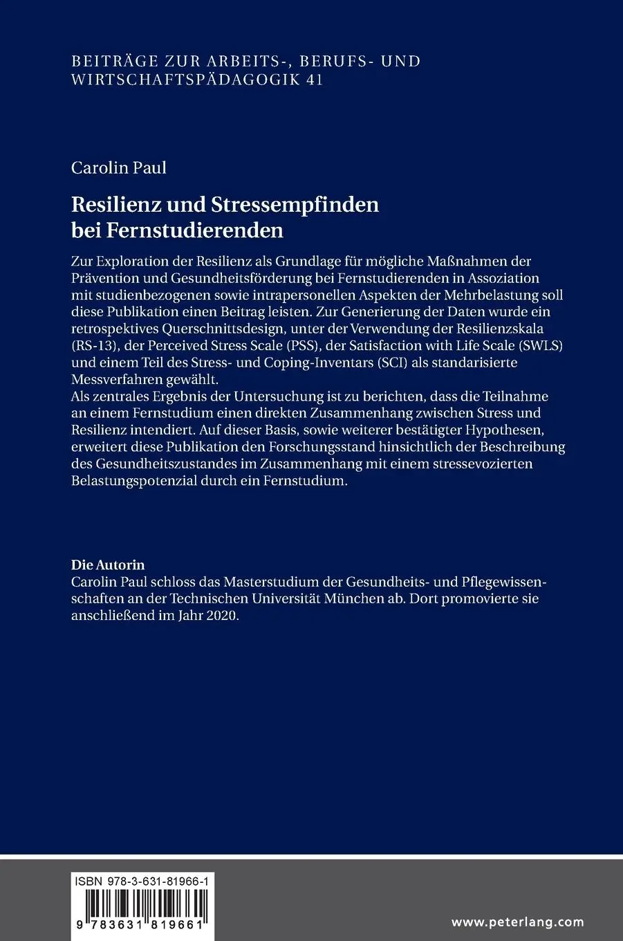 Rückseite: 9783631819661 | Resilienz und Stressempfinden bei Fernstudierenden | Carolin Paul