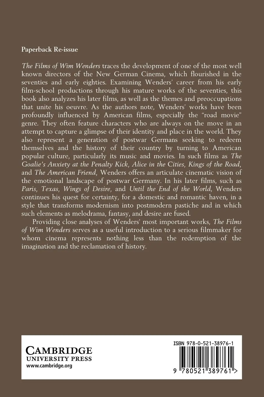 Rückseite: 9780521389761 | The Films of Wim Wenders | Cinema as Vision and Desire | Kolker | Buch