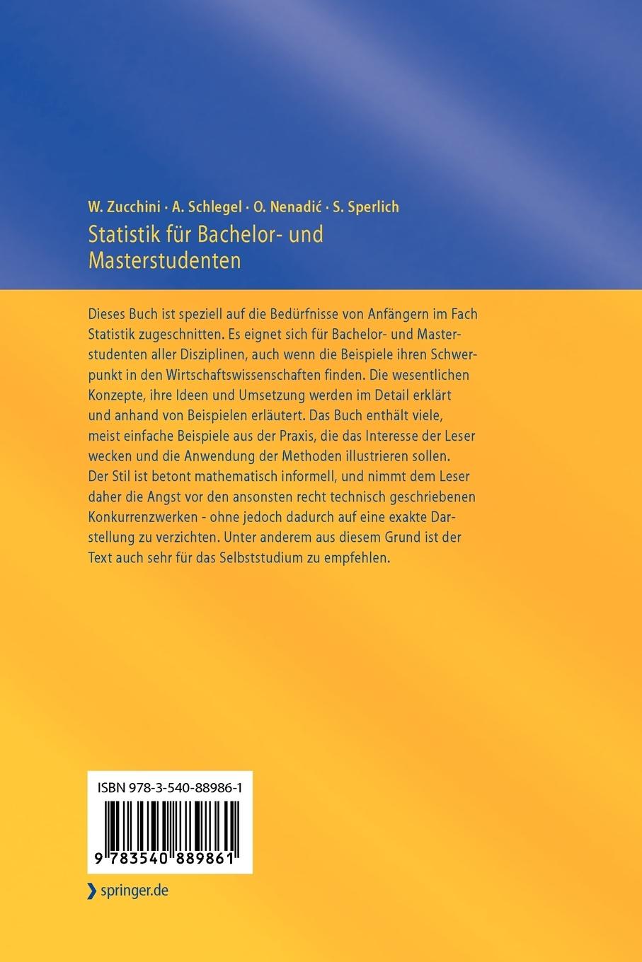 Rückseite: 9783540889861 | Statistik für Bachelor- und Masterstudenten | Walter Zucchini (u. a.)