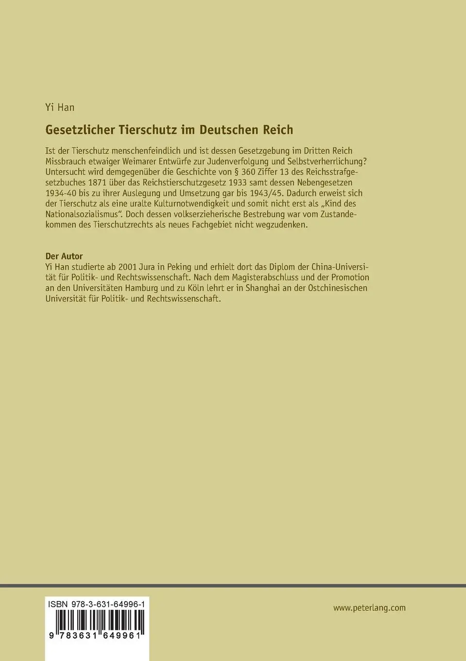 Rückseite: 9783631649961 | Gesetzlicher Tierschutz im Deutschen Reich | Yi Han | Taschenbuch