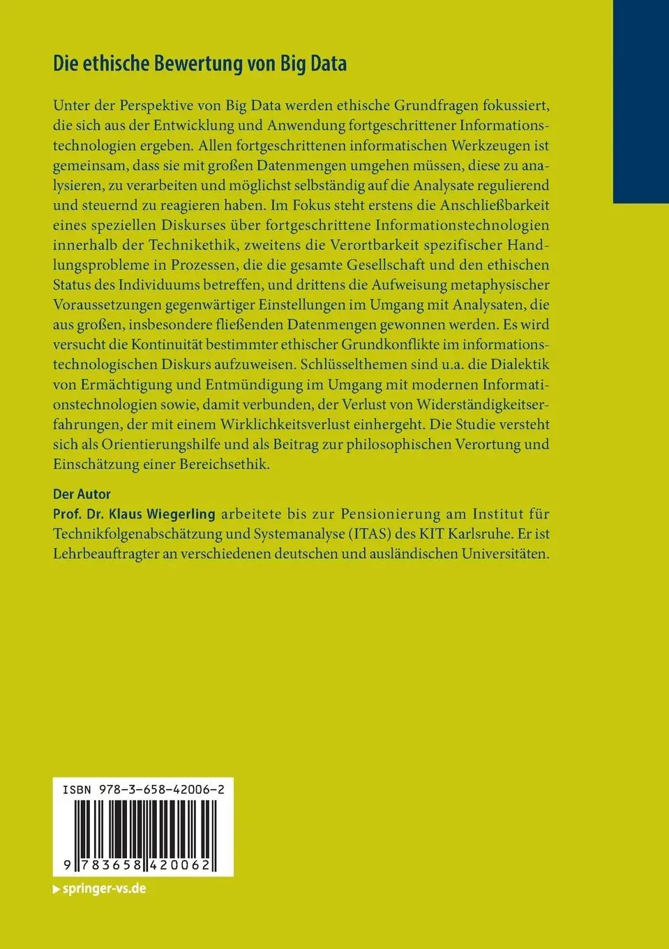 Rückseite: 9783658420062 | Die ethische Bewertung von Big Data | Klaus Wiegerling | Taschenbuch