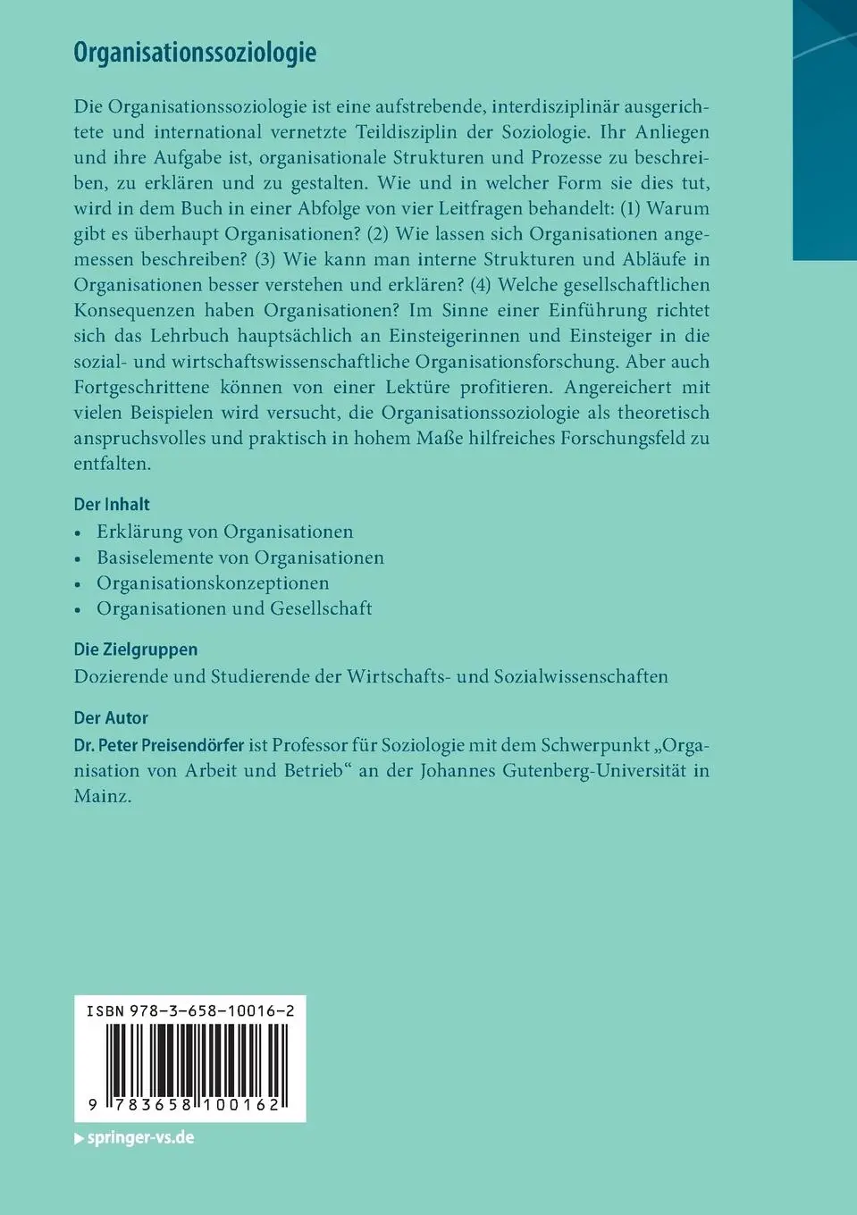 Rückseite: 9783658100162 | Organisationssoziologie | Grundlagen, Theorien und Problemstellungen