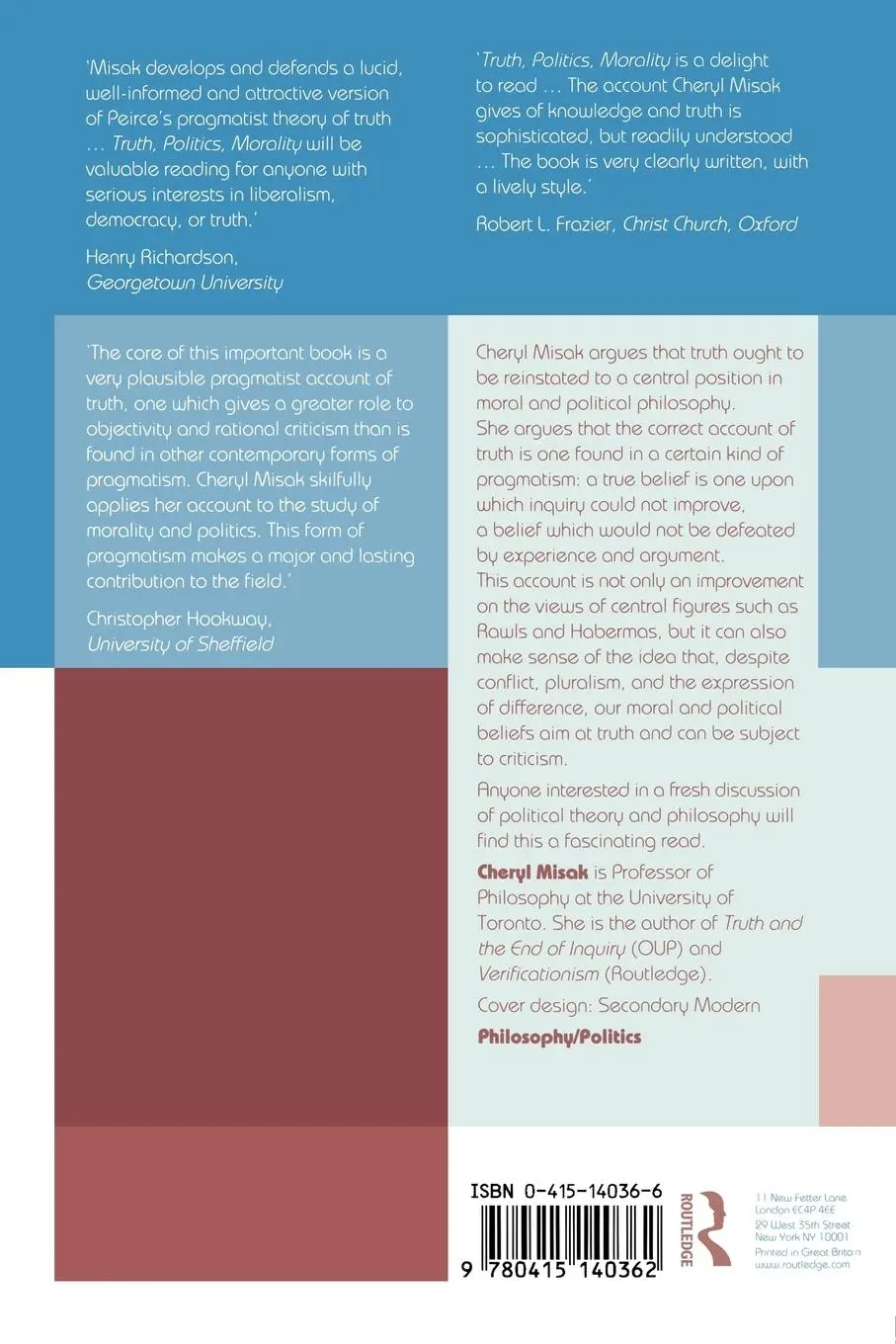 Rückseite: 9780415140362 | Truth, Politics, Morality | Pragmatism and Deliberation | Cheryl Misak