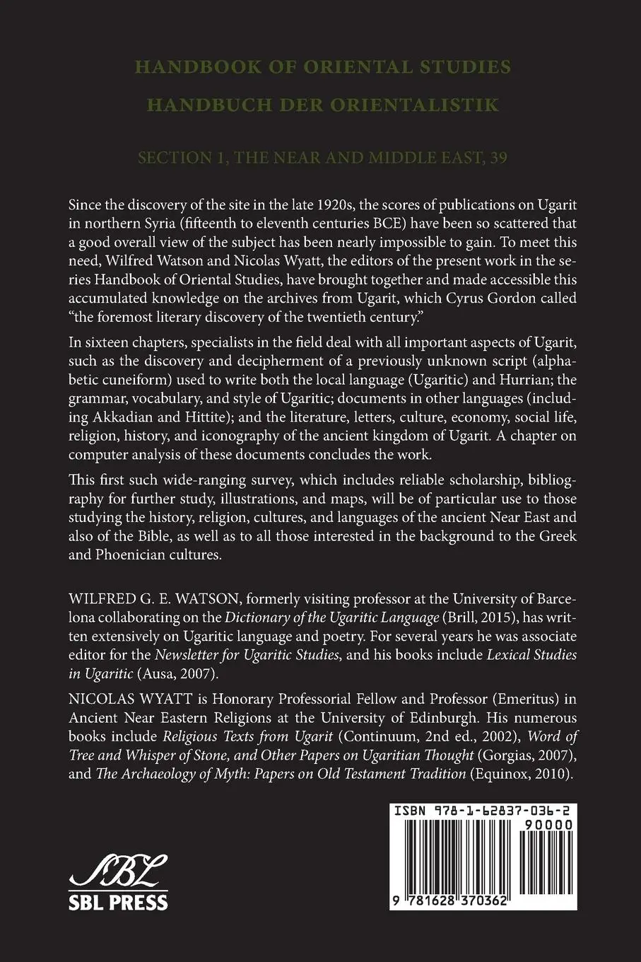 Rückseite: 9781628370362 | Handbook of Ugaritic Studies | Wilfred G. E. Watson (u. a.) | Buch