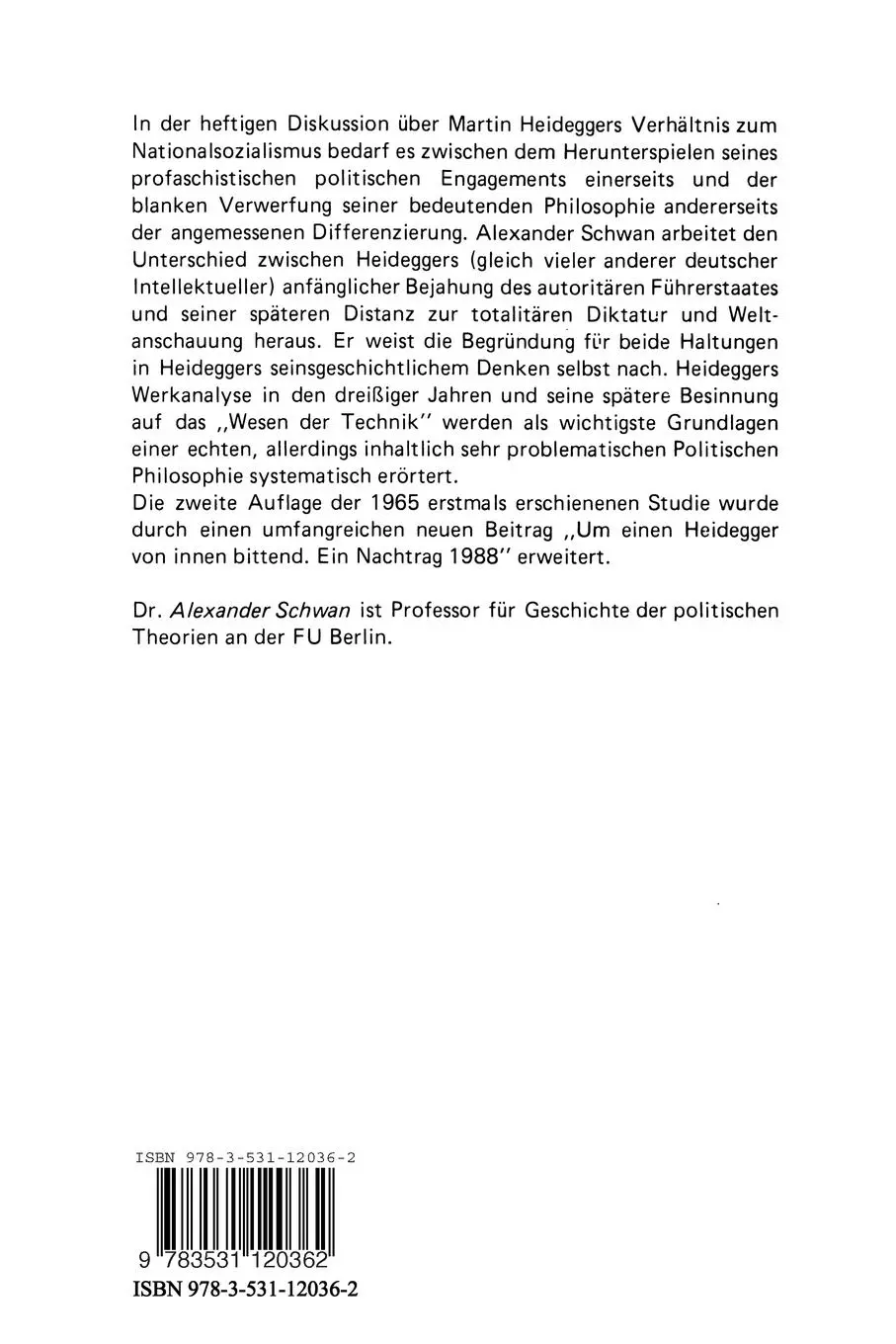 Rückseite: 9783531120362 | Politische Philosophie im Denken Heideggers | Alexander Schwan | Buch