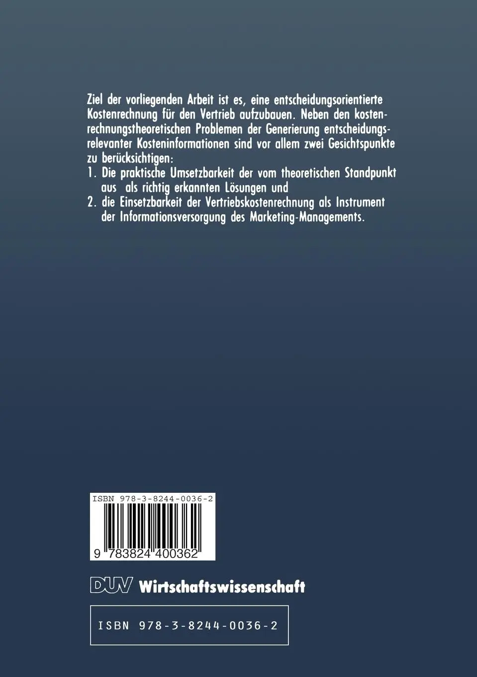 Rückseite: 9783824400362 | Entscheidungsorientierte Vertriebskostenrechnung | Christoph Weigand