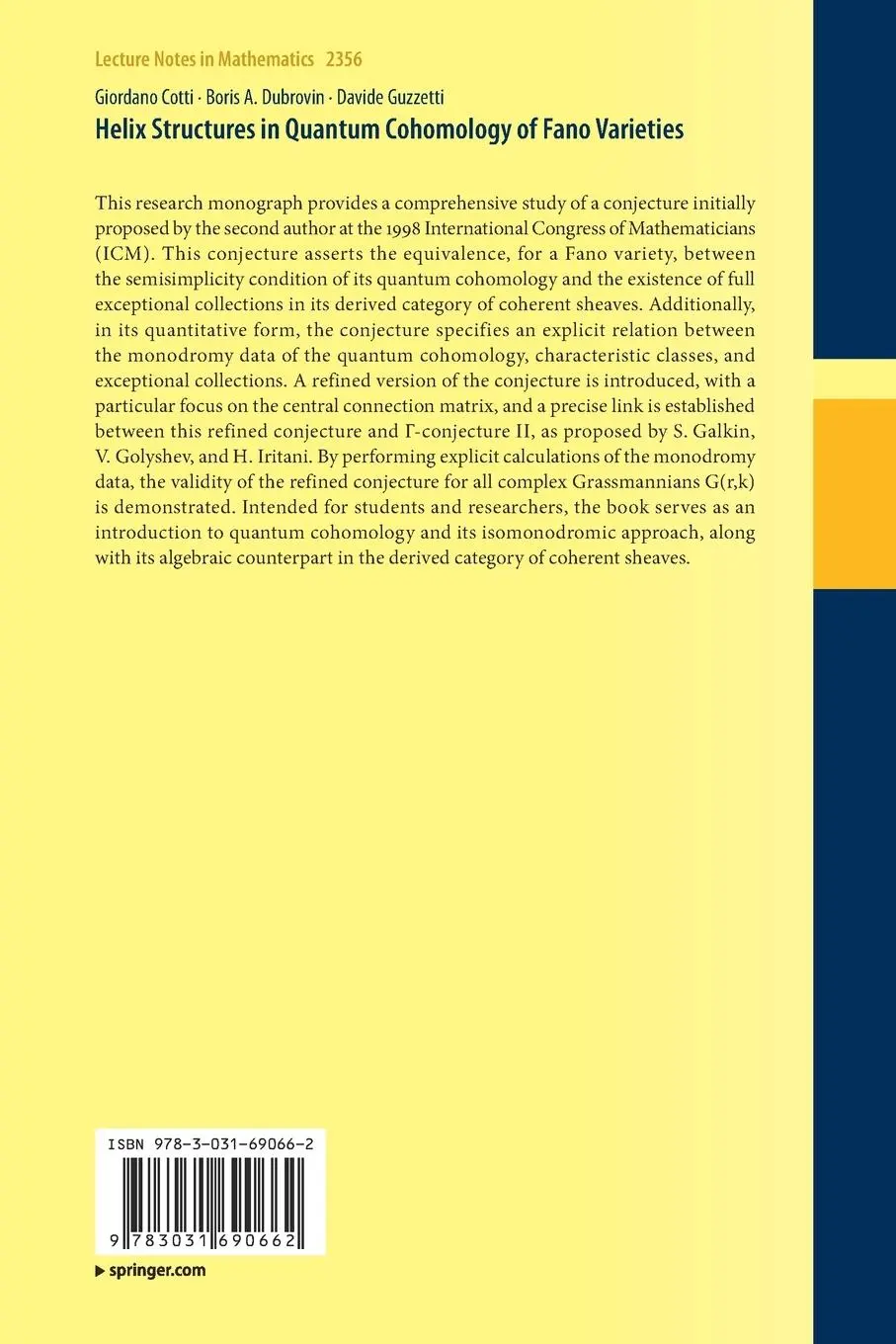 Rückseite: 9783031690662 | Helix Structures in Quantum Cohomology of Fano Varieties | Taschenbuch